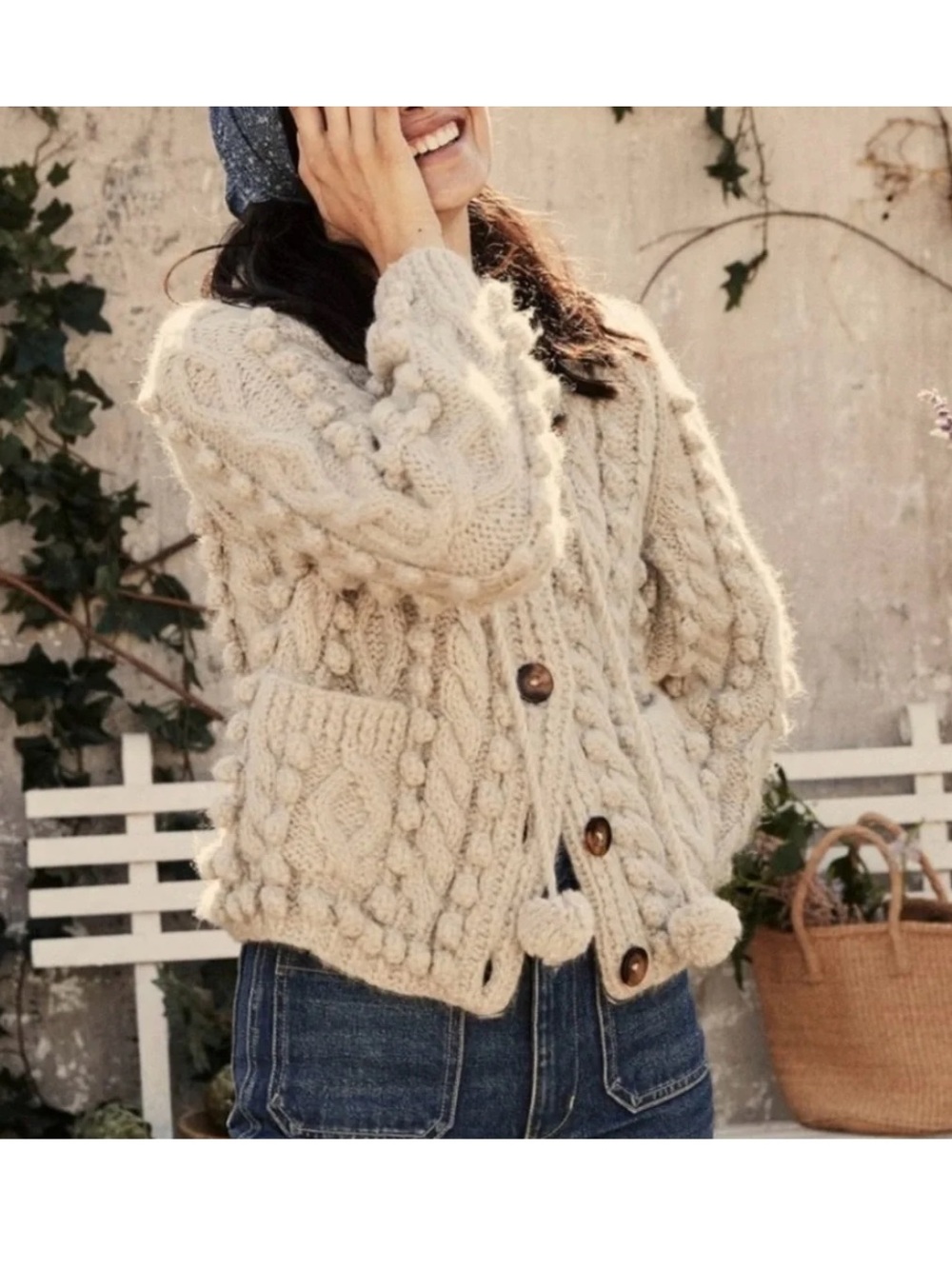 Doen Pomme Organic Cotton Button Front Cardigan Sweater Sz L Cream - Picture 10 of 16